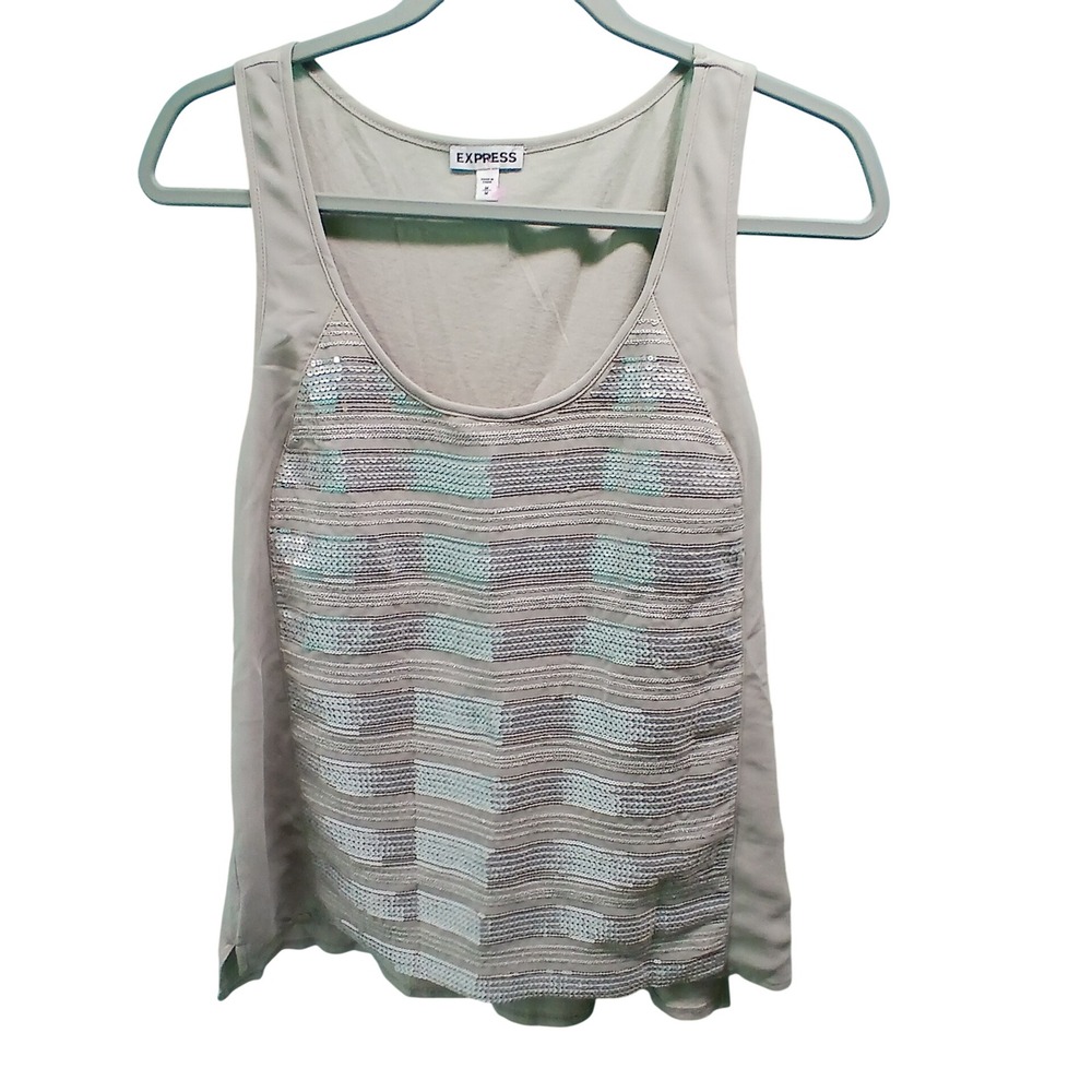 Express Sequin Striped Tank Top Medium‎ Gray Silver Mint Sparkly Party Glam